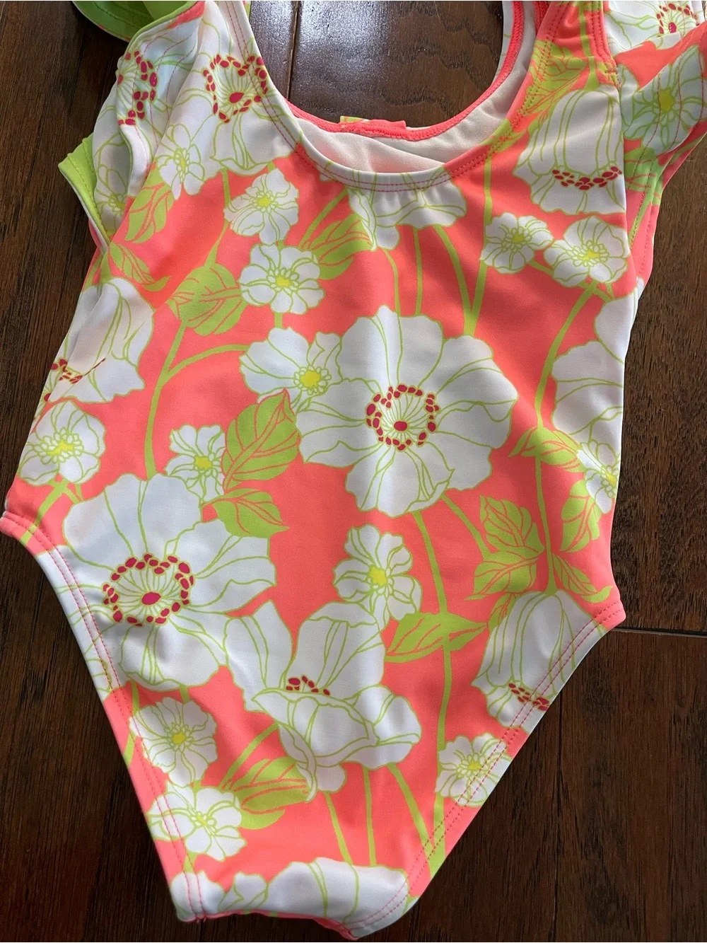 Janie and Jack Coral Floral Ruffle One-Piece Swimsuit with Lime Accents New